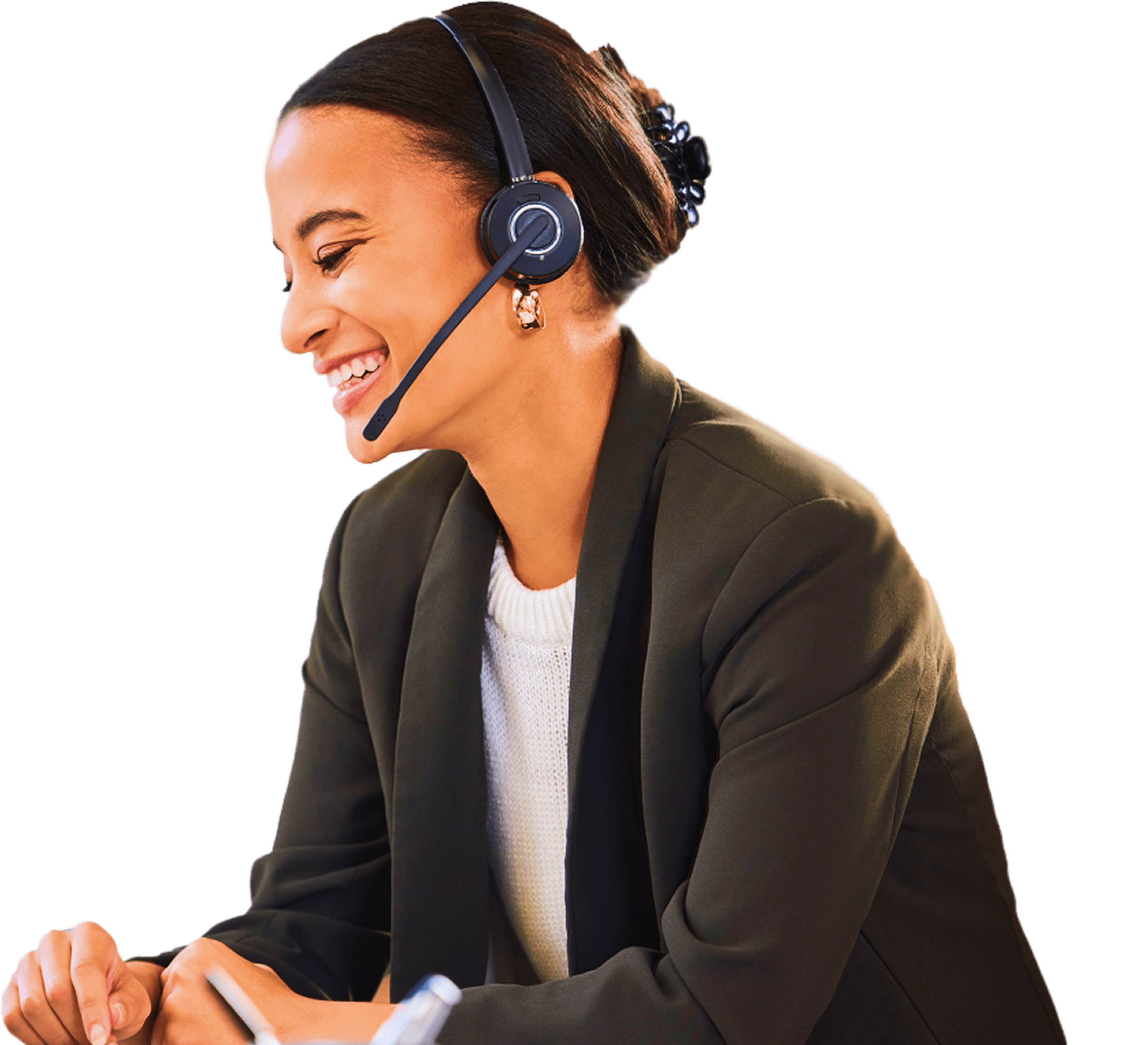 Friendly itc consultant wearing a headset for business phone support